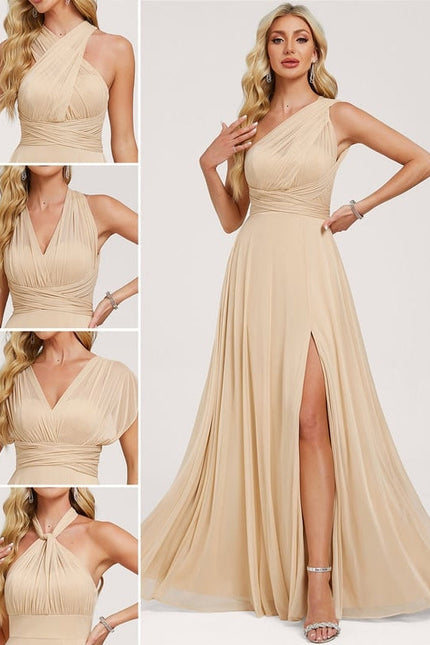 Robe Longue Fluide Dorée Multiposition